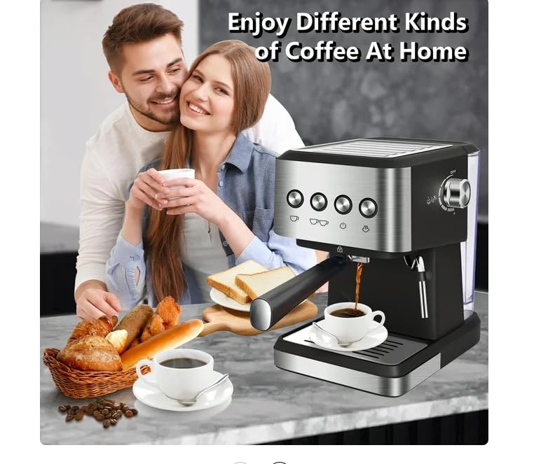 Generic Espresso Machine 20 Bar, 1.5L Water Tank Milk Frother Steam, Stainless Steel Coffee Maker, Silver