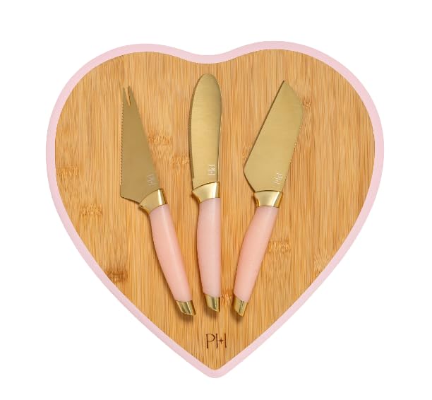 Generic Paris 4-Piece Cheese Board Set with Large Heart-Shaped, Reversible Bamboo Cutting Board, Pink