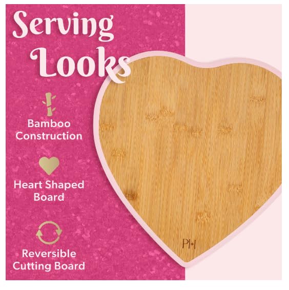 Generic Paris 4-Piece Cheese Board Set with Large Heart-Shaped, Reversible Bamboo Cutting Board, Pink