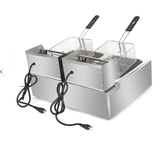 Generic Countertop Electric Deep Fryer, 12L 5000W Commercial Professional Kitchen Stainless Steel Dual Tank Frying Machine for Restaurant, Silver