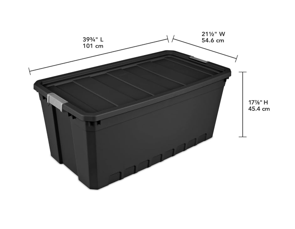 50-Gallon Large Stackable Rugged Industrial Storage Tote Container with Gray Latching Clip Lid for Garage, Worksite, or Camping
