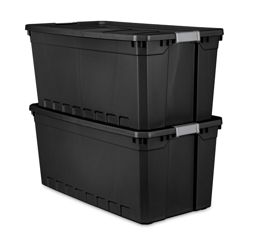 50-Gallon Large Stackable Rugged Industrial Storage Tote Container with Gray Latching Clip Lid for Garage, Worksite, or Camping
