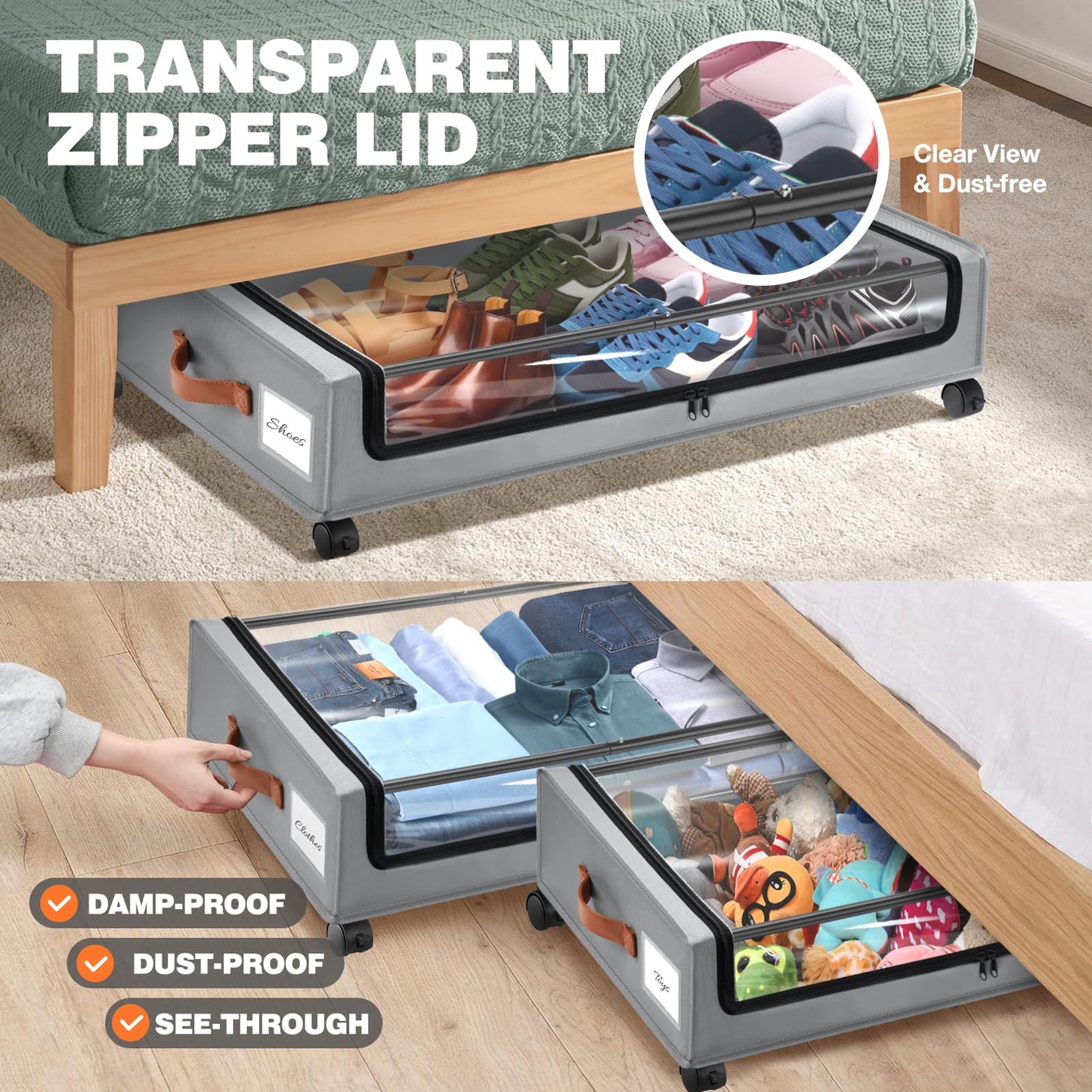 2 Pack Rolling Under Bed Storage Containers Bin with Wheels, Gray
