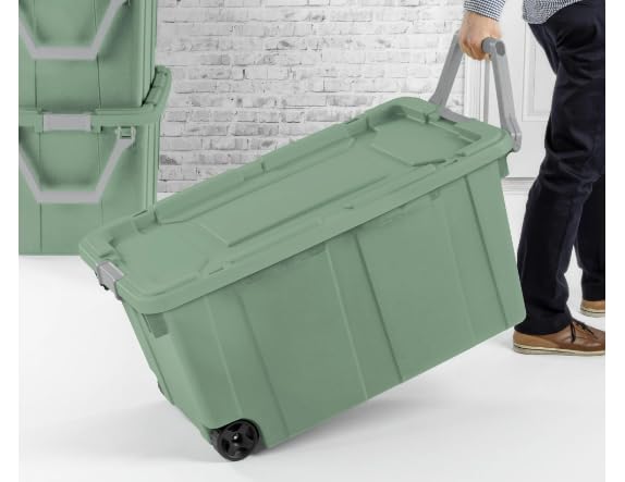 2PCS 40 Gallon Industrial Tote Plastic Storage Bins Wheeled Large Storage Box Set Green