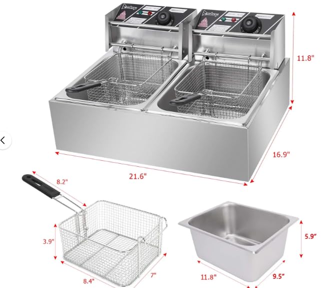 Generic Countertop Electric Deep Fryer, 12L 5000W Commercial Professional Kitchen Stainless Steel Dual Tank Frying Machine for Restaurant, Silver