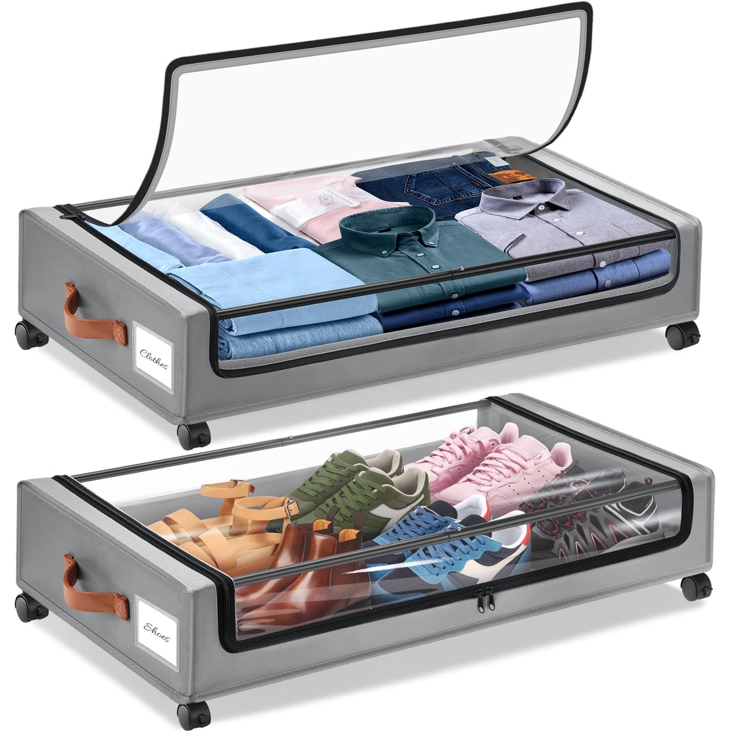 2 Pack Rolling Under Bed Storage Containers Bin with Wheels, Gray