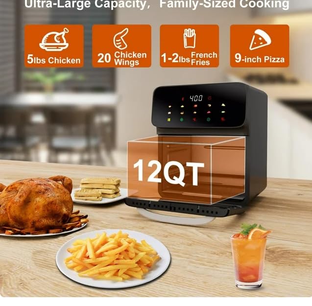 Generic Air Fryer 12QT Convection Oven with 10-in-1 Multi Function, Visible Window and Touchscreen, Black