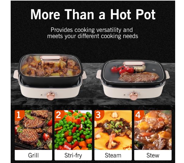 Beautiful 3 in 1 Multicooking Electric Pot Indoor Grill Slow Cooker Frying Pan Perfect For Healthy Cooking - Rose Gold