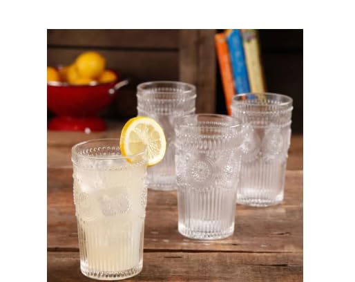 Pioneer Woman Adeline 16-Ounce Embossed Glass Tumblers, Set of 4, Clear