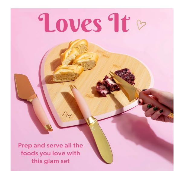 Generic Paris 4-Piece Cheese Board Set with Large Heart-Shaped, Reversible Bamboo Cutting Board, Pink