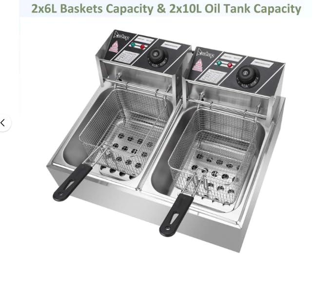 Generic Countertop Electric Deep Fryer, 12L 5000W Commercial Professional Kitchen Stainless Steel Dual Tank Frying Machine for Restaurant, Silver
