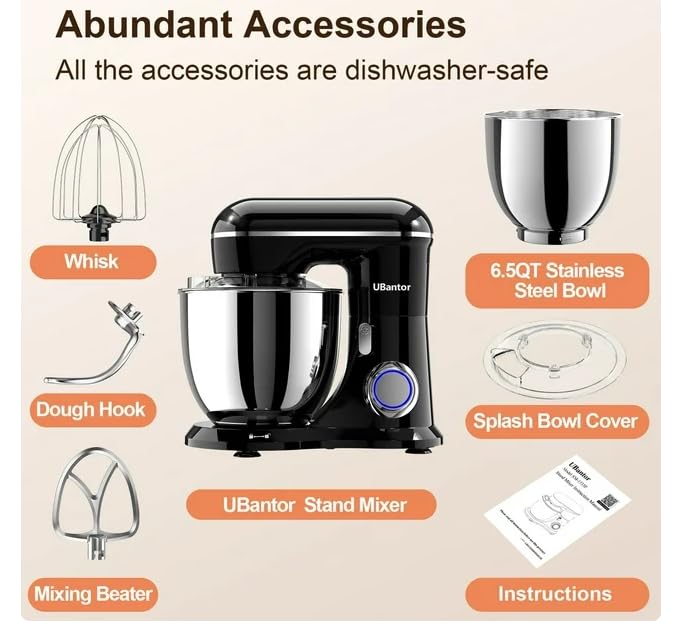 Stand Mixer,6.5-QT 660W 10-Speed Tilt-Head Food Mixer, Kitchen Electric Mixer with Bowl, Dough Hook, Beater, Whisk for Most Home Cooks, (6.5QT, Black)