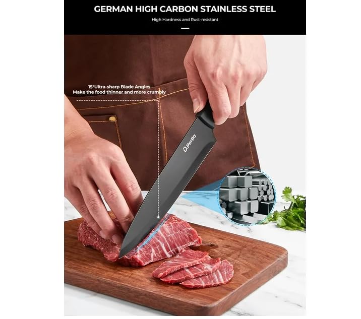 Black And White Knife Set 7 Pieces, Lightweight Black Coating Cutlery Knife Set with Soft Handle Scissors and Round Knife Block