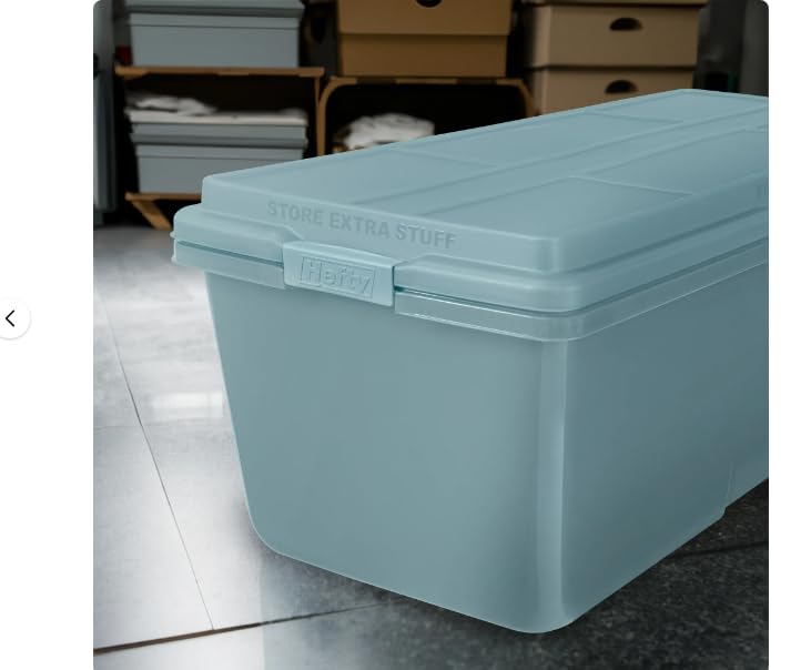 Durable 28.3 Gallon Plastic Tote - Set of 4 - Rugged Storage Containers with Click Latches for Secure Closure, Ribbed Lid for Durability, Ideal for Garage, Basement, Attic, and Sports Equipment