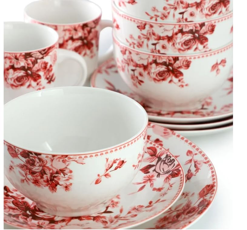 Traditional Rose 16-Piece Stoneware Dinnerware Set – Elegant Floral Design for 4 – Dishwasher & Microwave Safe – Ideal for Special Occasions & Everyday Meals