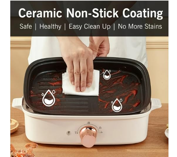 Beautiful 3 in 1 Multicooking Electric Pot Indoor Grill Slow Cooker Frying Pan Perfect For Healthy Cooking - Rose Gold