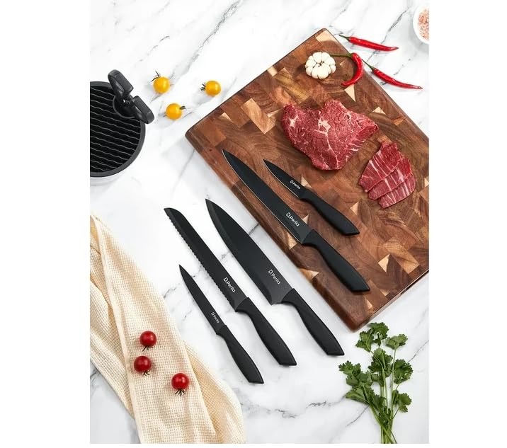 Black And White Knife Set 7 Pieces, Lightweight Black Coating Cutlery Knife Set with Soft Handle Scissors and Round Knife Block