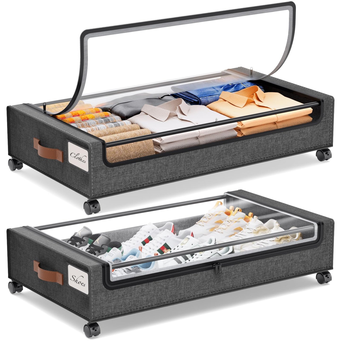 2 Pack Rolling Under Bed Storage Containers Bin with Wheels, Gray