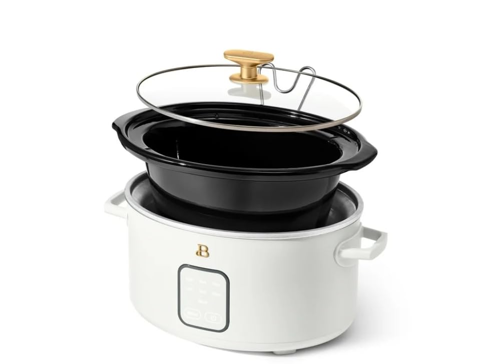 Beautiful 4Qt Slow Cooker with Touch-Activated Display, 4 Cooking Presets, Dishwasher-Safe Pot, Tempered Glass Lid, Cool-Touch Handles, Non-Skid Feet, White Icing Finish, Perfect for Family Meals