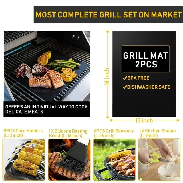 Generic Dads Backyard 34 Pcs Grill Accessories Grilling Gifts for Men, 16 Inches Heavy Duty BBQ Accessories, Stainless Steel Grill Tools, Grill Mats for Backyard, Silver