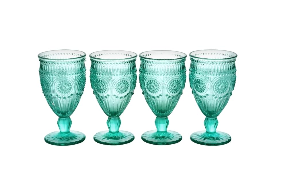 Pioneer Woman Adeline 12-Ounce Footed Turquoise Glass Goblets, Set of 4
