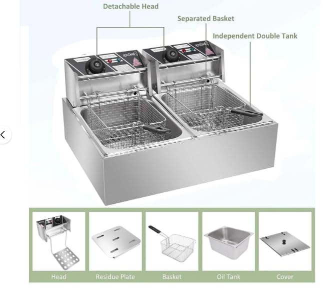 Generic Countertop Electric Deep Fryer, 12L 5000W Commercial Professional Kitchen Stainless Steel Dual Tank Frying Machine for Restaurant, Silver