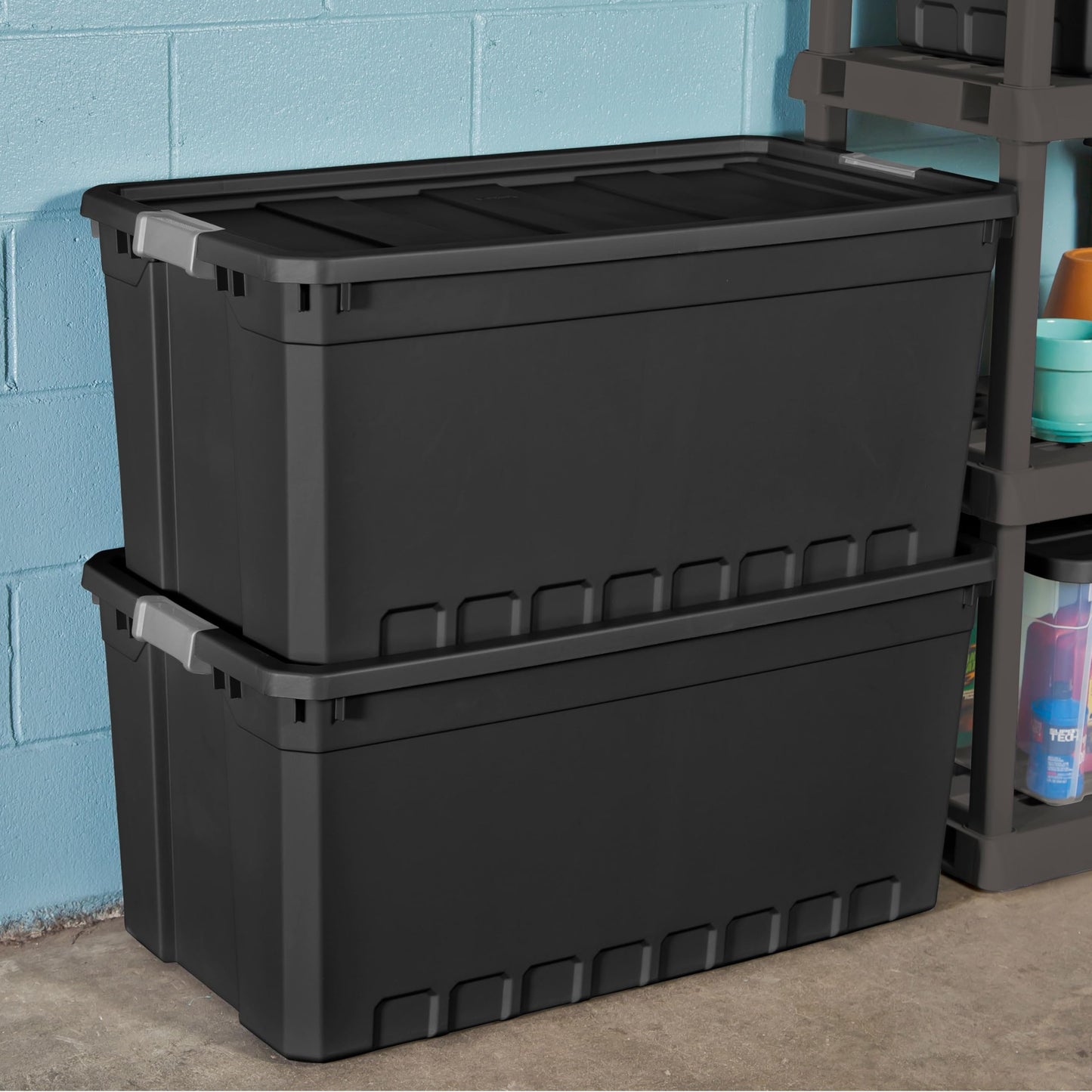 50 Gallon Stacker Tote Plastic, Black, Set of 3 Storage Boxes