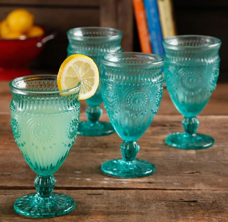 Pioneer Woman Adeline 12-Ounce Footed Turquoise Glass Goblets, Set of 4
