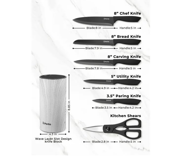 Black And White Knife Set 7 Pieces, Lightweight Black Coating Cutlery Knife Set with Soft Handle Scissors and Round Knife Block