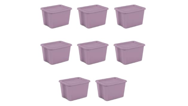 18 Gallon Tote Box Plastic, Set of 8 Stackable Totes Colors In Pink, Purple, or Fuchsia Burst