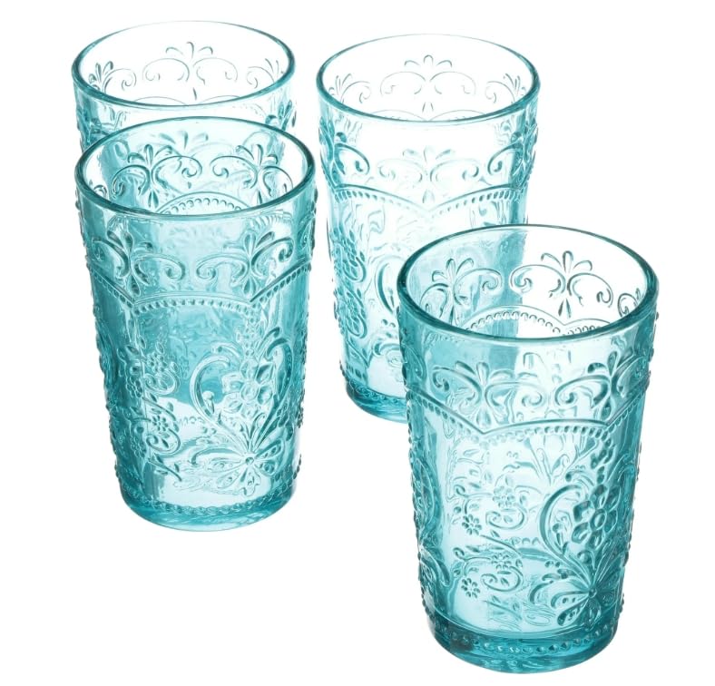 Pioneer Woman Amelia Teal Glass Tumblers Set of 4