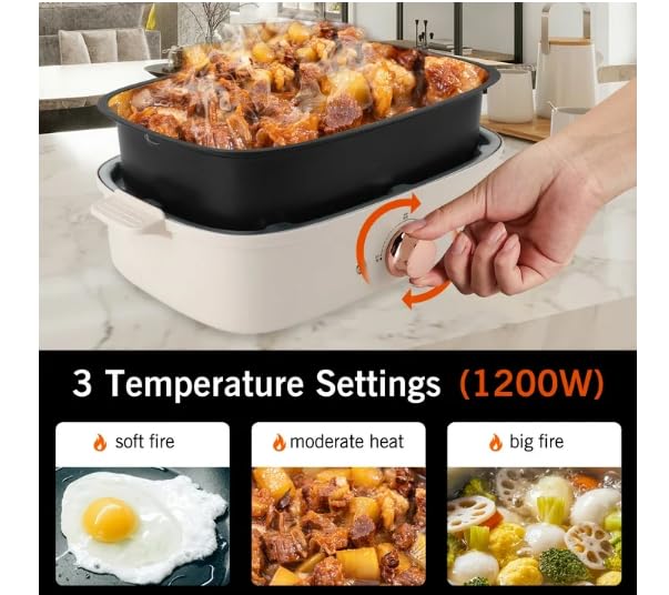 Beautiful 3 in 1 Multicooking Electric Pot Indoor Grill Slow Cooker Frying Pan Perfect For Healthy Cooking - Rose Gold
