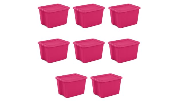 18 Gallon Tote Box Plastic, Set of 8 Stackable Totes Colors In Pink, Purple, or Fuchsia Burst