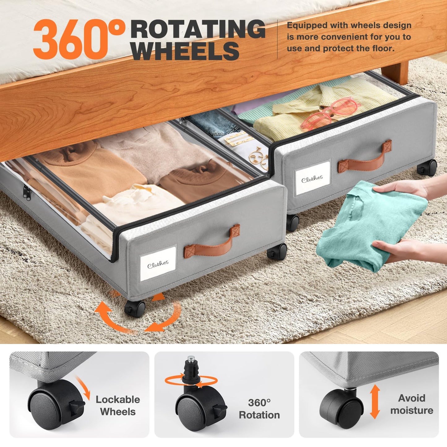 2 Pack Rolling Under Bed Storage Containers Bin with Wheels, Gray