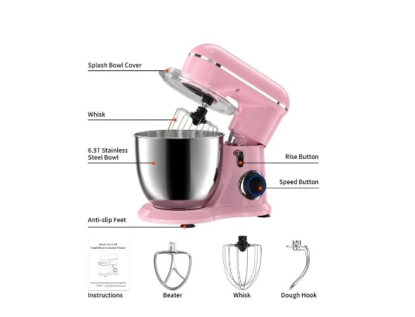 Generic Stand Mixer,6.5-QT 660W 10-Speed Tilt-Head Food Mixer, Kitchen Electric Mixer with Bowl, Dough Hook, Beater, Whisk for Most Home Cooks, (6.5QT, PINK), Black