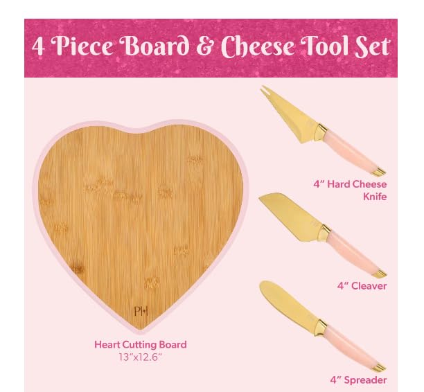 Generic Paris 4-Piece Cheese Board Set with Large Heart-Shaped, Reversible Bamboo Cutting Board, Pink