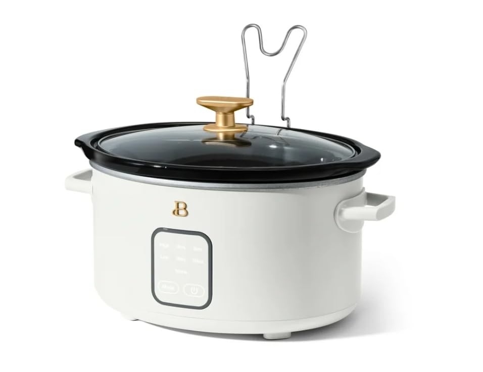 Beautiful 4Qt Slow Cooker with Touch-Activated Display, 4 Cooking Presets, Dishwasher-Safe Pot, Tempered Glass Lid, Cool-Touch Handles, Non-Skid Feet, White Icing Finish, Perfect for Family Meals