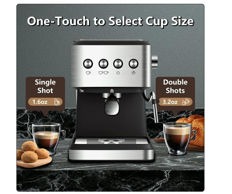 Generic Espresso Machine 20 Bar, 1.5L Water Tank Milk Frother Steam, Stainless Steel Coffee Maker, Silver