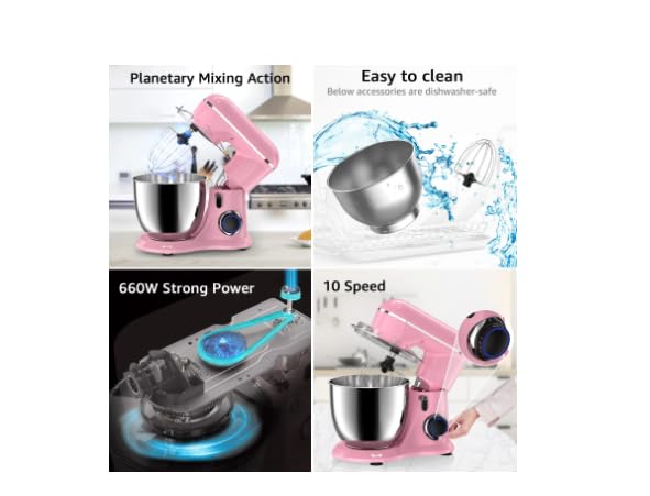 Generic Stand Mixer,6.5-QT 660W 10-Speed Tilt-Head Food Mixer, Kitchen Electric Mixer with Bowl, Dough Hook, Beater, Whisk for Most Home Cooks, (6.5QT, PINK), Black