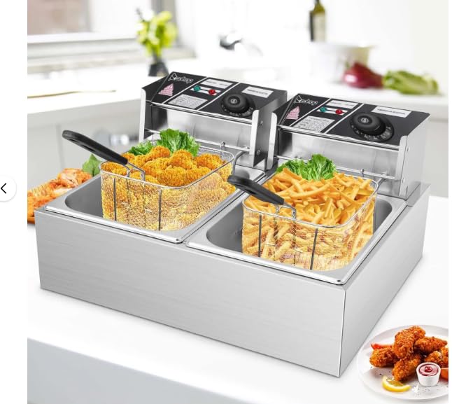 Generic Countertop Electric Deep Fryer, 12L 5000W Commercial Professional Kitchen Stainless Steel Dual Tank Frying Machine for Restaurant, Silver