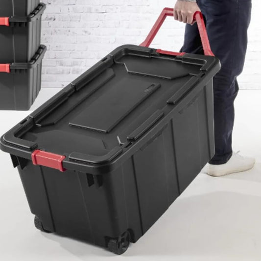 2PCS 40 Gallon Industrial Tote Plastic Storage Bins Wheeled Large Storage Box Set, Black