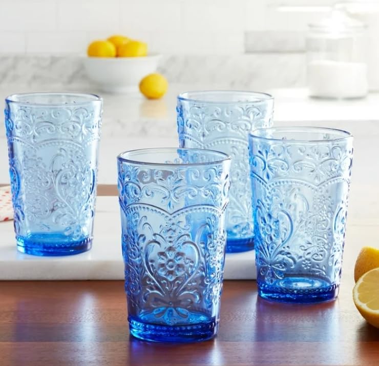Pioneer Woman Amelia Teal Glass Tumblers Set of 4