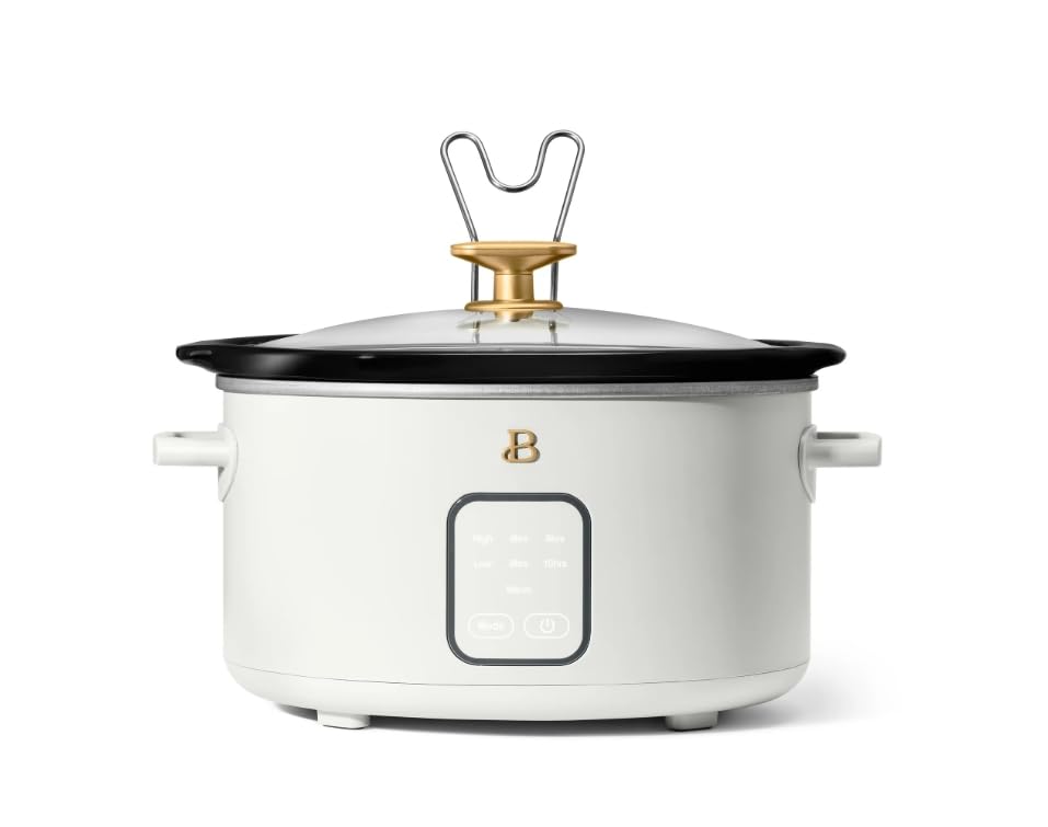 Beautiful 4Qt Slow Cooker with Touch-Activated Display, 4 Cooking Presets, Dishwasher-Safe Pot, Tempered Glass Lid, Cool-Touch Handles, Non-Skid Feet, White Icing Finish, Perfect for Family Meals