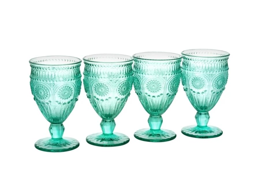 Pioneer Woman Adeline 12-Ounce Footed Turquoise Glass Goblets, Set of 4
