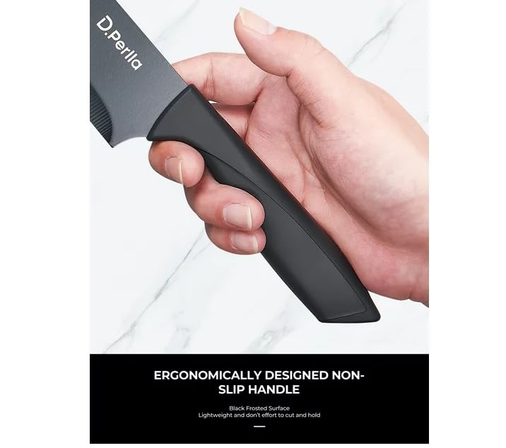Black And White Knife Set 7 Pieces, Lightweight Black Coating Cutlery Knife Set with Soft Handle Scissors and Round Knife Block
