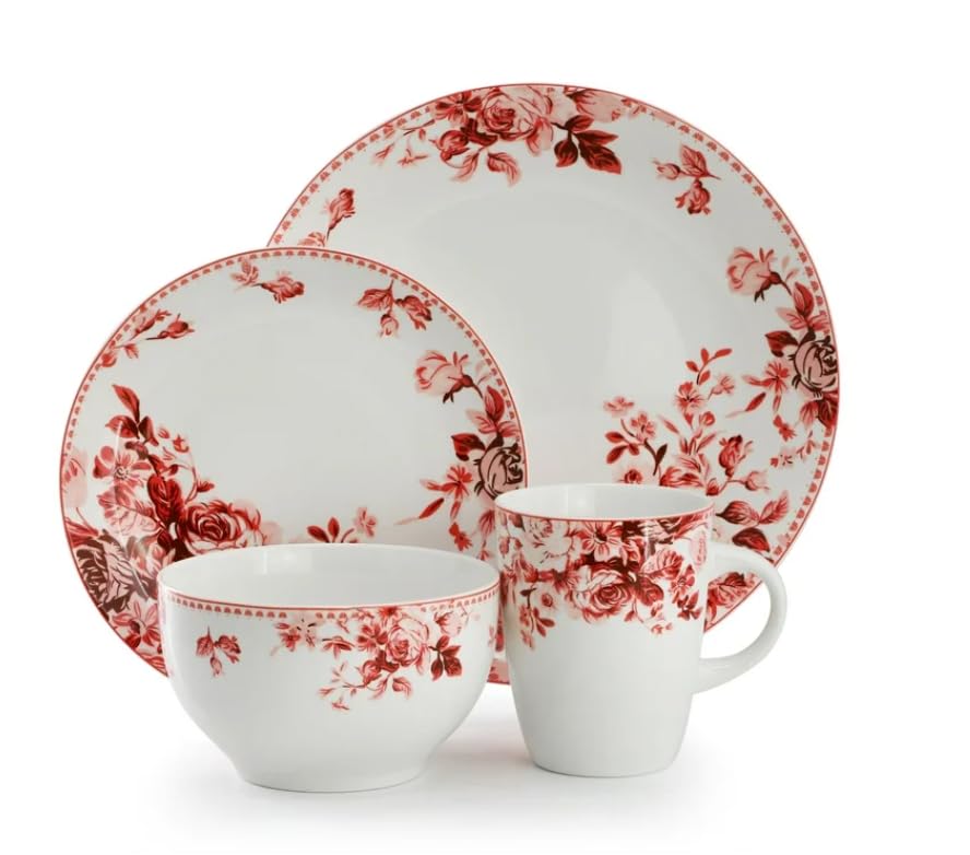 Traditional Rose 16-Piece Stoneware Dinnerware Set – Elegant Floral Design for 4 – Dishwasher & Microwave Safe – Ideal for Special Occasions & Everyday Meals