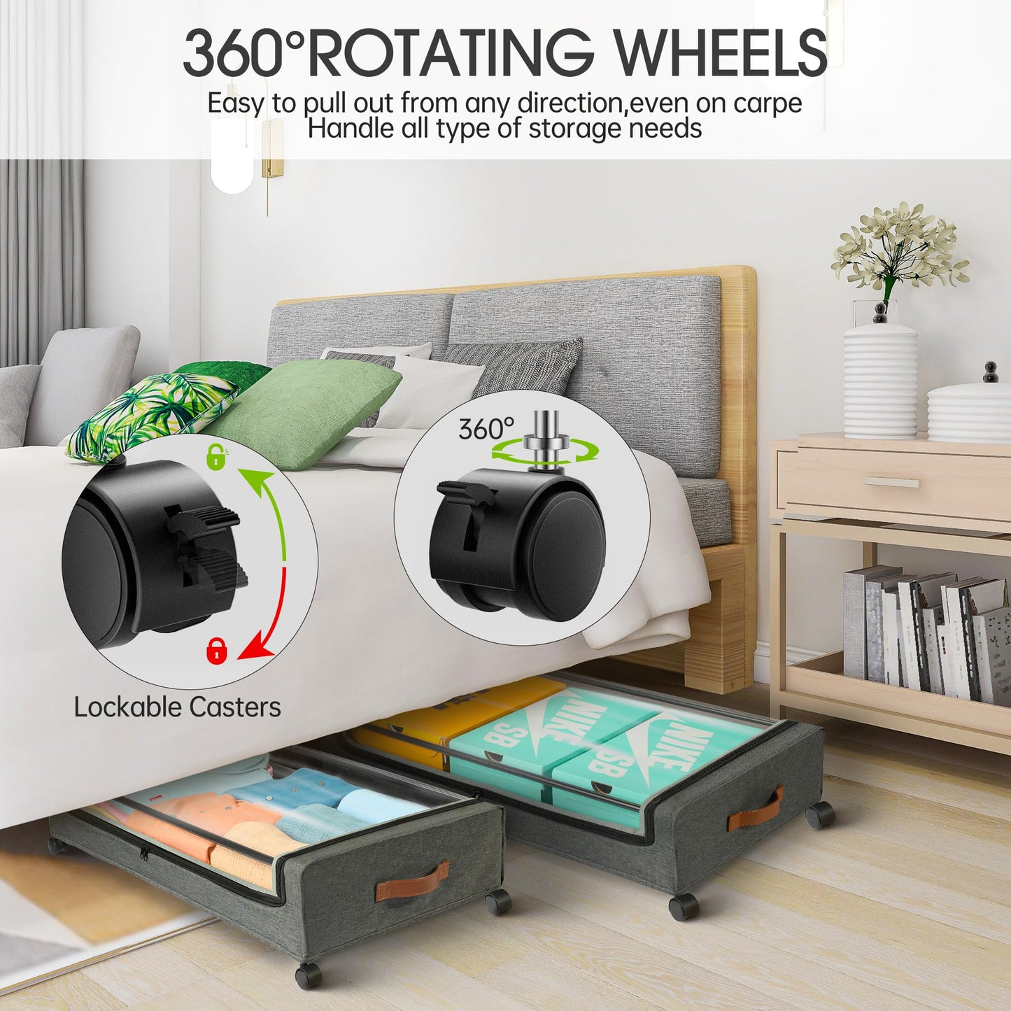 2 Pack Rolling Under Bed Storage Containers Bin with Wheels, Gray