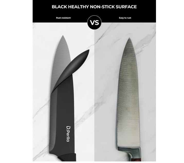 Black And White Knife Set 7 Pieces, Lightweight Black Coating Cutlery Knife Set with Soft Handle Scissors and Round Knife Block