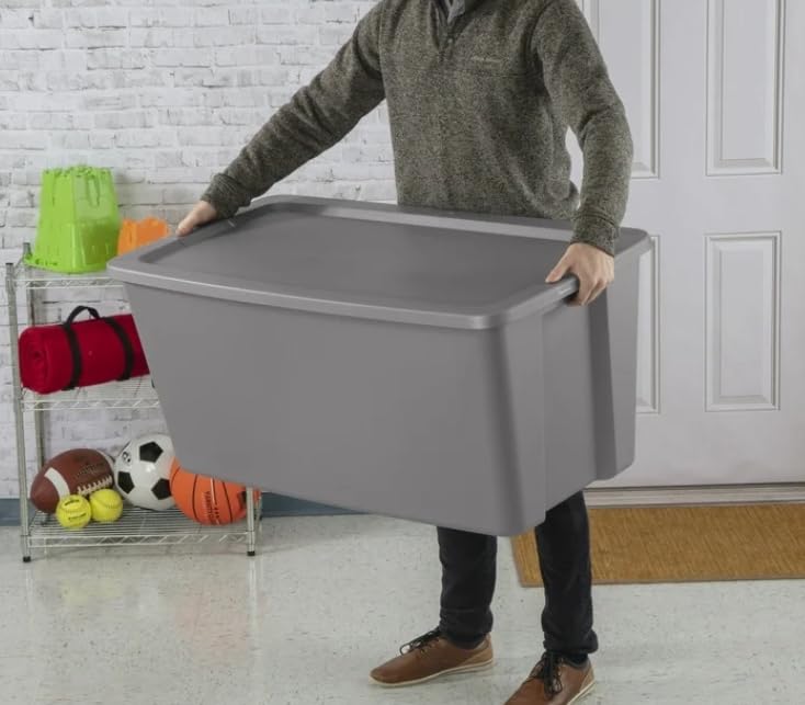 50 Gallon Tote, Plastic Storage Bin with Snap-on Lid, Gray