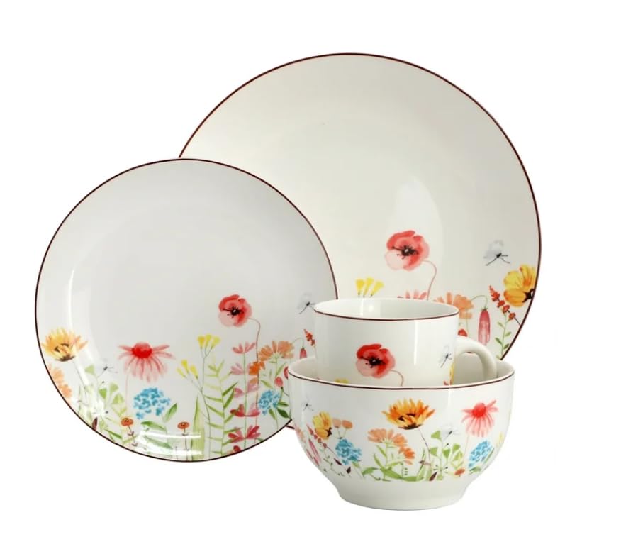 Wild Flower Meadow16-Piece Stoneware Dinnerware Set – Elegant Floral Design for 4 – Dishwasher & Microwave Safe – Ideal for Special Occasions & Everyday Meals